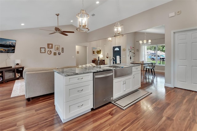 1522 E Silver Hammock, Deland, FL 32720 - kitchen featuring dishwasher, open floor plan, a chandelier, white cabinets, and light wood-type flooring