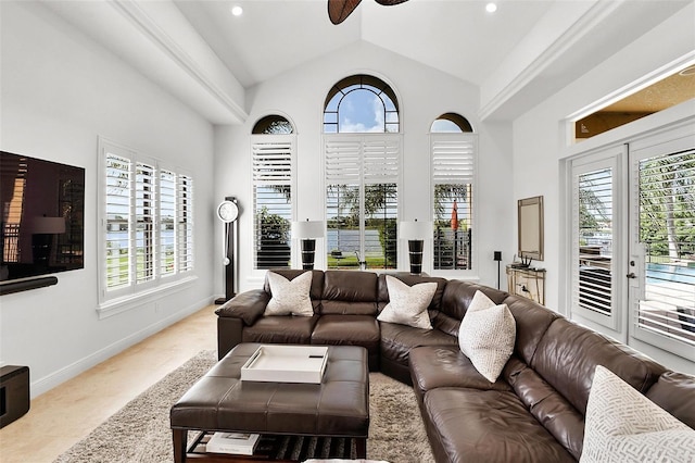 12812 Jacob Grace Ct, Windermere, FL 34786 - living area featuring a ceiling fan, plenty of natural light, french doors, high vaulted ceiling, and recessed lighting
