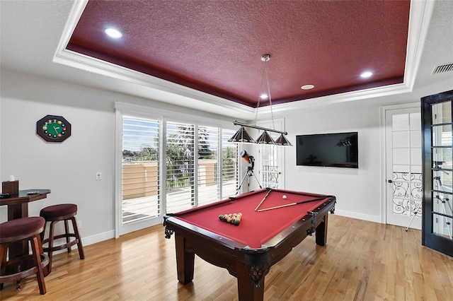 12812 Jacob Grace Ct, Windermere, FL 34786 - playroom featuring a raised ceiling, a textured ceiling, light wood-type flooring, recessed lighting, and billiards table