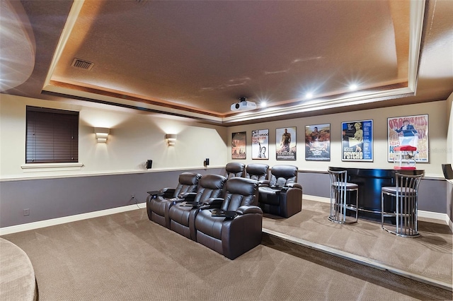 12812 Jacob Grace Ct, Windermere, FL 34786 - carpeted home theater room featuring a raised ceiling and a dry bar