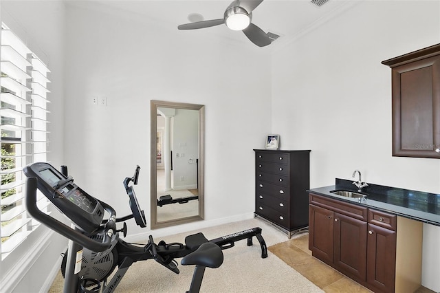 12812 Jacob Grace Ct, Windermere, FL 34786 - exercise area with ceiling fan, light colored carpet, a high ceiling, and crown molding
