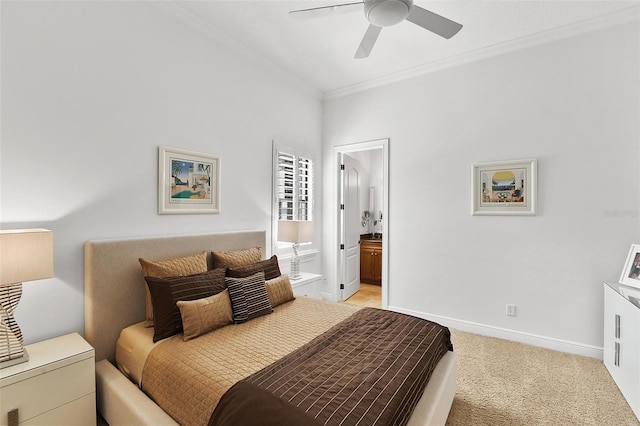 12812 Jacob Grace Ct, Windermere, FL 34786 - bedroom featuring crown molding, light colored carpet, ensuite bath, and a ceiling fan
