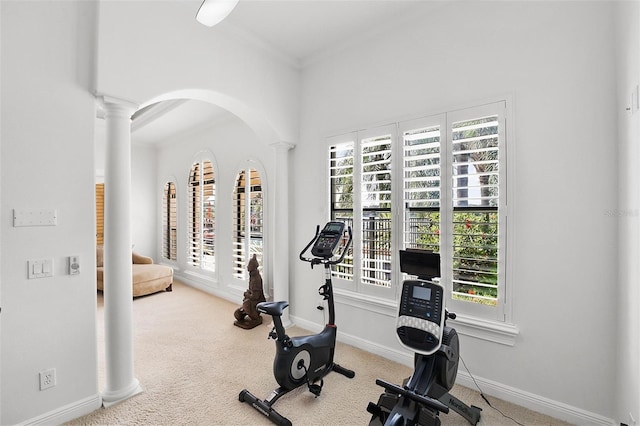 12812 Jacob Grace Ct, Windermere, FL 34786 - exercise area with ornate columns, arched walkways, carpet flooring, plenty of natural light, and ornamental molding