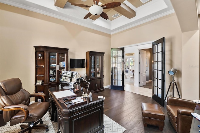 12812 Jacob Grace Ct, Windermere, FL 34786 - office space with french doors, ceiling fan, ornamental molding, hardwood / wood-style flooring, and a towering ceiling