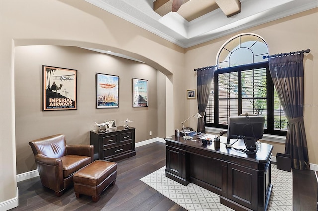 12812 Jacob Grace Ct, Windermere, FL 34786 - home office with ornamental molding, arched walkways, and hardwood / wood-style floors