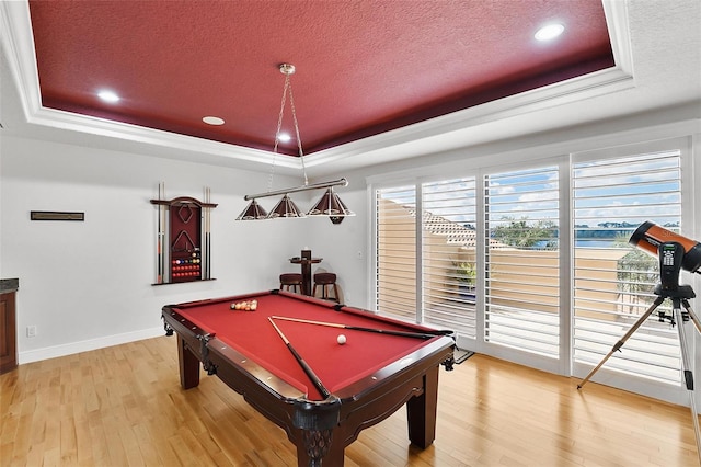 12812 Jacob Grace Ct, Windermere, FL 34786 - game room featuring a raised ceiling, a textured ceiling, light wood-type flooring, billiards table, and recessed lighting