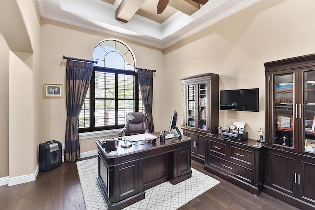 12812 Jacob Grace Ct, Windermere, FL 34786 - office space featuring a ceiling fan, ornamental molding, dark wood finished floors, coffered ceiling, and beam ceiling