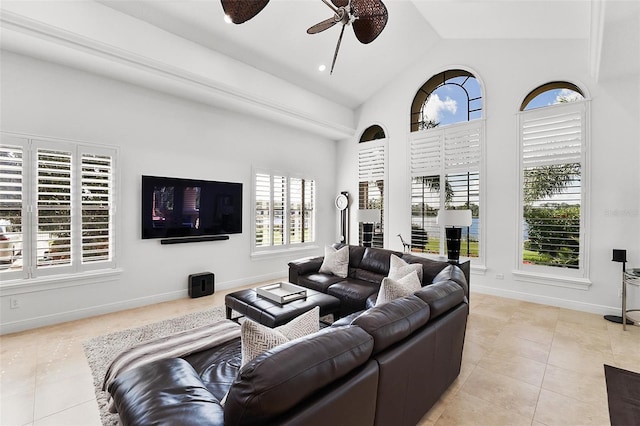 12812 Jacob Grace Ct, Windermere, FL 34786 - living room with a ceiling fan, light tile patterned flooring, and lofted ceiling