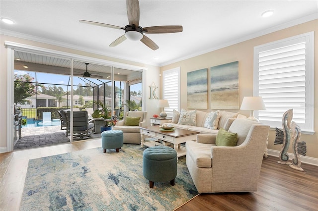 249 Kellet Way, Saint Johns, FL 32259 - living room featuring a ceiling fan, ornamental molding, wood finished floors, and recessed lighting