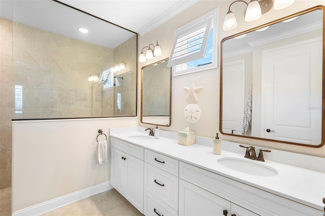 249 Kellet Way, Saint Johns, FL 32259 - full bath featuring ornamental molding, a walk in shower, double vanity, and tile patterned floors