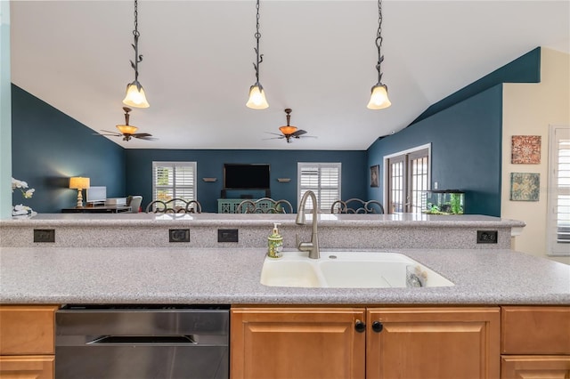 6151 Sabal Point Cir, Port Orange, FL 32128 - kitchen featuring stainless steel dishwasher, a ceiling fan, lofted ceiling, open floor plan, and pendant lighting