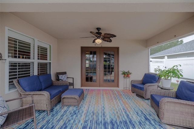 6151 Sabal Point Cir, Port Orange, FL 32128 - deck featuring outdoor lounge area, french doors, and a ceiling fan