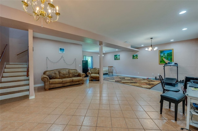 4666 Fir Rd, New Smyrna Beach, FL 32168 - living room with a chandelier, recessed lighting, light tile patterned flooring, and stairs