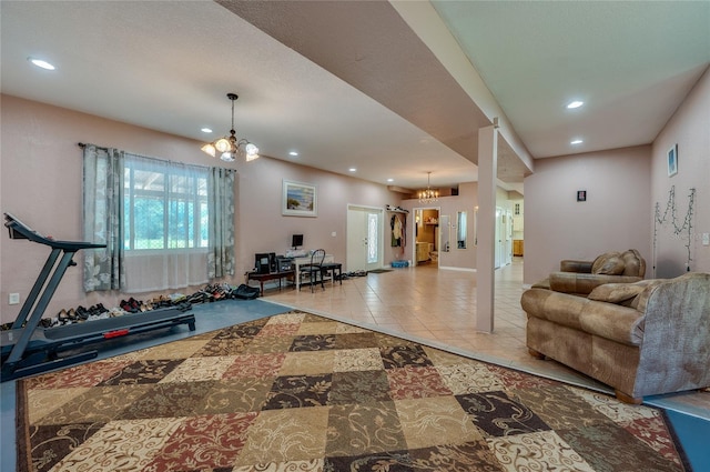 4666 Fir Rd, New Smyrna Beach, FL 32168 - workout area with a chandelier, recessed lighting, and tile patterned floors