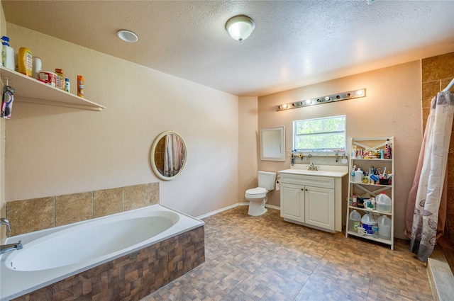 4666 Fir Rd, New Smyrna Beach, FL 32168 - bathroom with a bath, vanity, a textured ceiling, and a shower with shower curtain