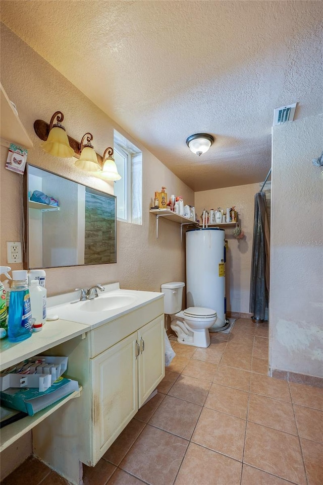 4666 Fir Rd, New Smyrna Beach, FL 32168 - full bathroom featuring water heater, vanity, a textured ceiling, tile patterned floors, and a textured wall