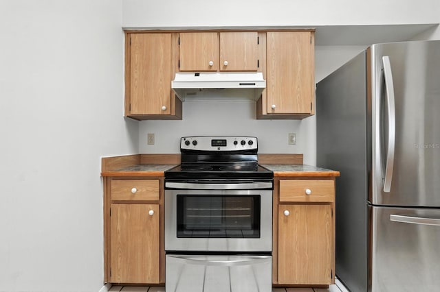 1512 Heritage Ln, Daytona Beach, FL 32117 - kitchen with appliances with stainless steel finishes, under cabinet range hood, and light tile patterned flooring