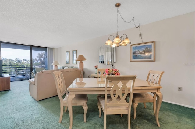 carpeted dining area featuring floor to ceiling windows, a textured ceiling, and a notable chandelier