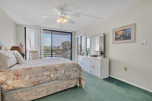 carpeted bedroom featuring access to exterior, ceiling fan, and a textured ceiling