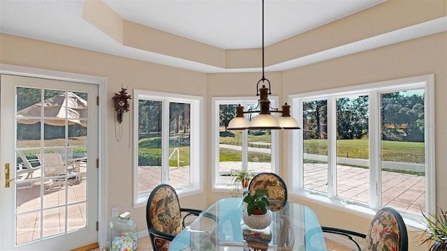 dining room with a tray ceiling