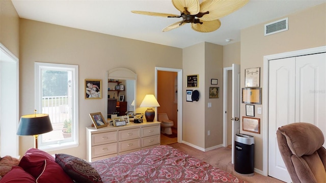 carpeted bedroom featuring ceiling fan