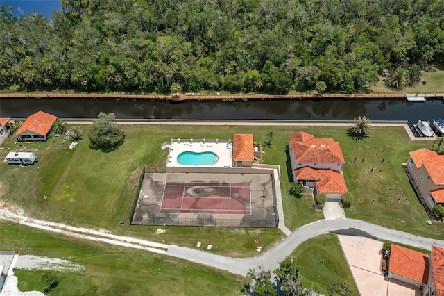 drone / aerial view with a water view