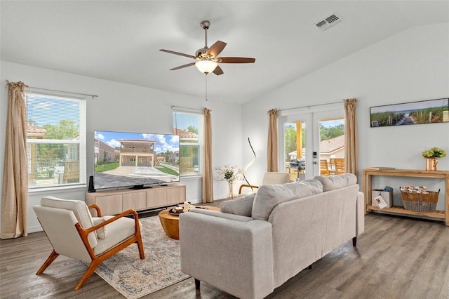 living room featuring plenty of natural light, vaulted ceiling, and wood-type flooring