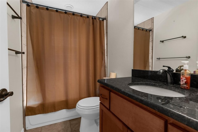 full bathroom with shower / bathtub combination with curtain, vanity, tile patterned flooring, and toilet