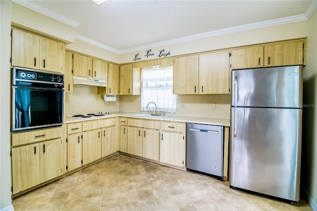 kitchen with light brown cabinetry, sink, crown molding, appliances with stainless steel finishes, and light tile flooring