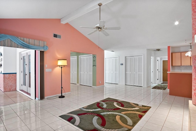 tiled living room featuring high vaulted ceiling, ceiling fan, and beamed ceiling