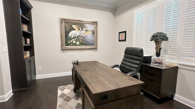 office with dark hardwood / wood-style flooring and ornamental molding