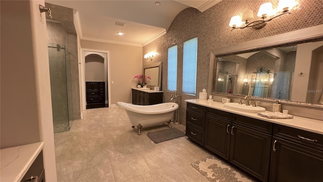 bathroom featuring vanity, tile flooring, crown molding, and plus walk in shower