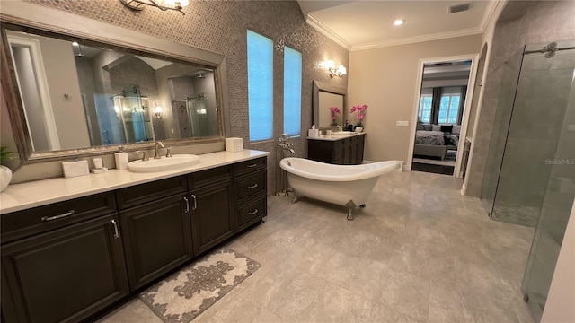 bathroom featuring ornamental molding, tile floors, vanity, and plus walk in shower