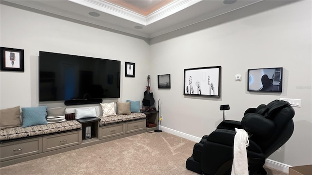 interior space with carpet flooring and ornamental molding