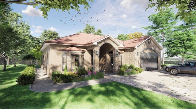 view of front of home with a front yard and a garage