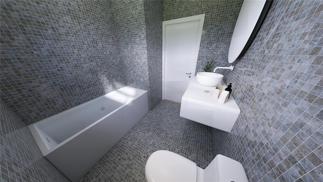 bathroom featuring tile walls, tile flooring, toilet, and sink