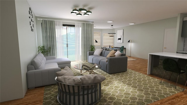 living room featuring dark wood-type flooring