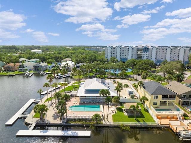 drone / aerial view featuring a water view