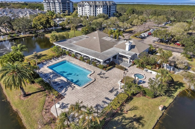 aerial view featuring a water view