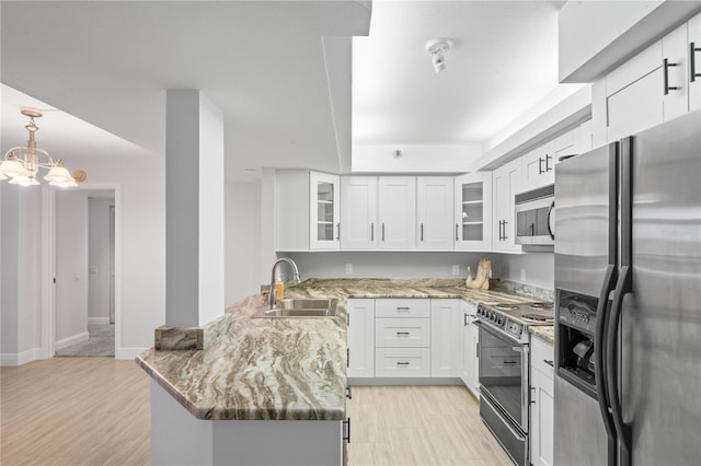 kitchen with stainless steel appliances, kitchen peninsula, sink, and white cabinets