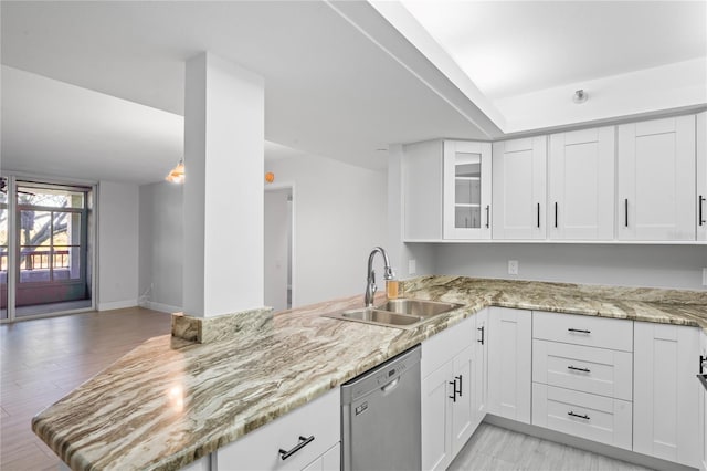 kitchen featuring sink, dishwasher, white cabinetry, light stone countertops, and kitchen peninsula