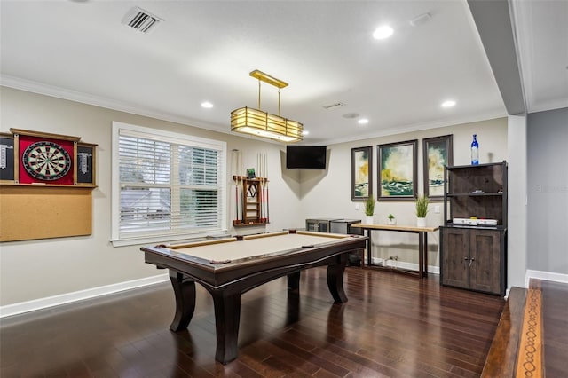 recreation room with dark hardwood / wood-style floors, crown molding, and billiards