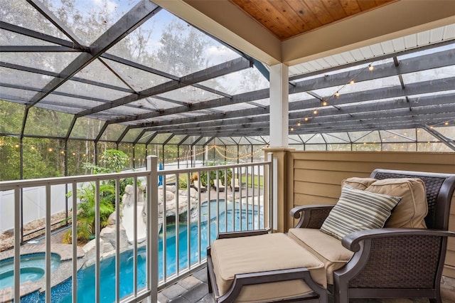 balcony with an in ground hot tub