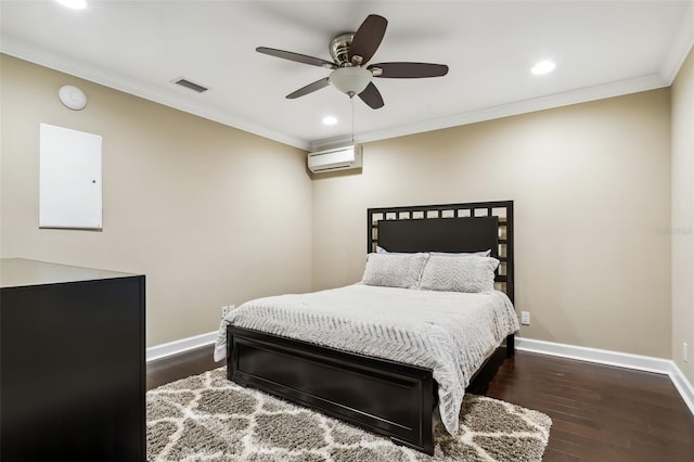 bedroom with a wall mounted air conditioner, ceiling fan, dark hardwood / wood-style floors, and ornamental molding