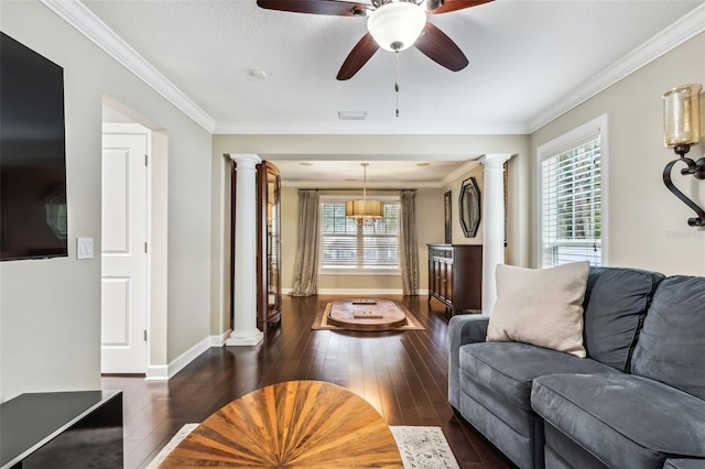 living room featuring plenty of natural light, ornamental molding, and dark wood-type flooring