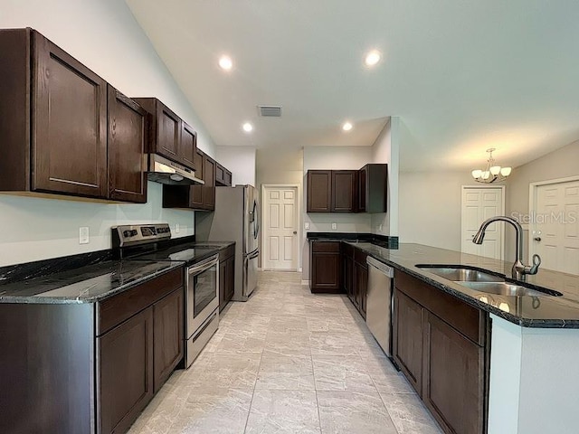 kitchen featuring dark brown cabinetry, sink, hanging light fixtures, and appliances with stainless steel finishes