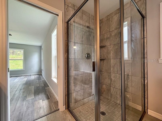 bathroom with walk in shower and wood-type flooring