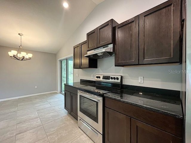 kitchen with vaulted ceiling, dark stone counters, hanging light fixtures, stainless steel range with electric stovetop, and dark brown cabinetry