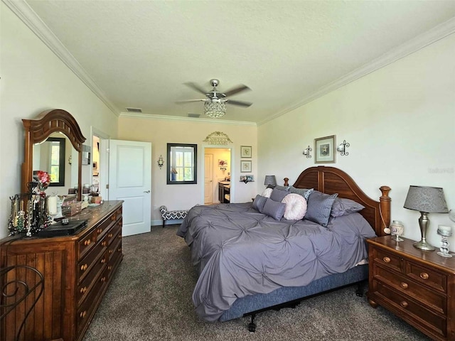 bedroom with dark colored carpet, ceiling fan, ornamental molding, and multiple windows