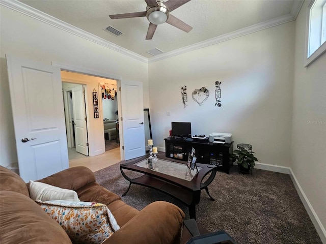 living room featuring ceiling fan, light colored carpet, and crown molding